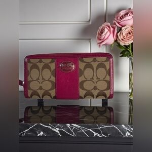Coach Long Zip Around Wallet in Signature Canvas w/ Fuschia pink Leather Strip